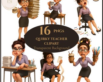 Lot de cliparts enseignant drôle | Professeur mignon PNG, clipart école décalée, professeur adorable glam, agenda numérique autocollants & imprimables