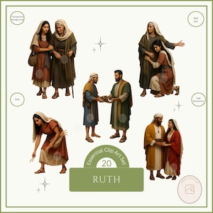 Puede incluir: Un conjunto de imágenes prediseñadas digitales con ilustraciones de figuras bíblicas en varias poses. Las imágenes representan a personas con vestimenta tradicional, con una paleta de colores de marrones, rojos y verdes. El conjunto incluye el texto "Essential Clip Art Set 20 RUTH".