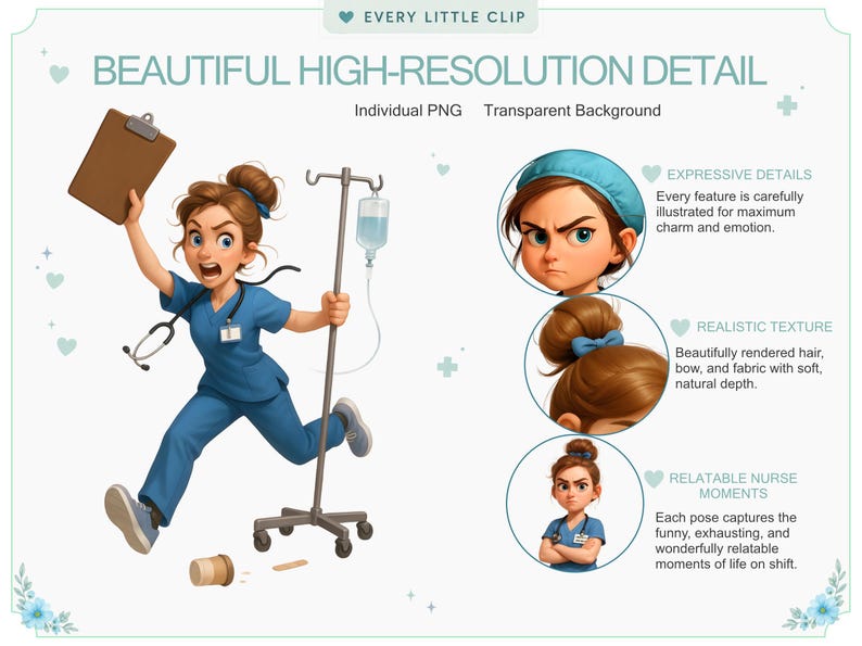 Funny Nurse Clipart Set – Quirky Medical Characters, RN Clipart, Cute Nurse Illustrations for Stickers, Cards, Scrapbooking image 6