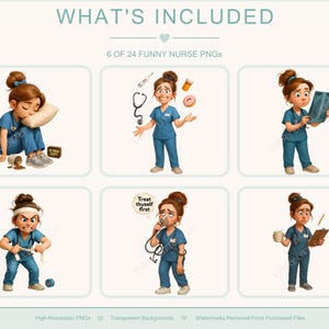 Nurse illustrations from the set, showing cute and humorous medical staff characters. Great for DIY printables, nurse appreciation gifts, planners, or greeting cards.