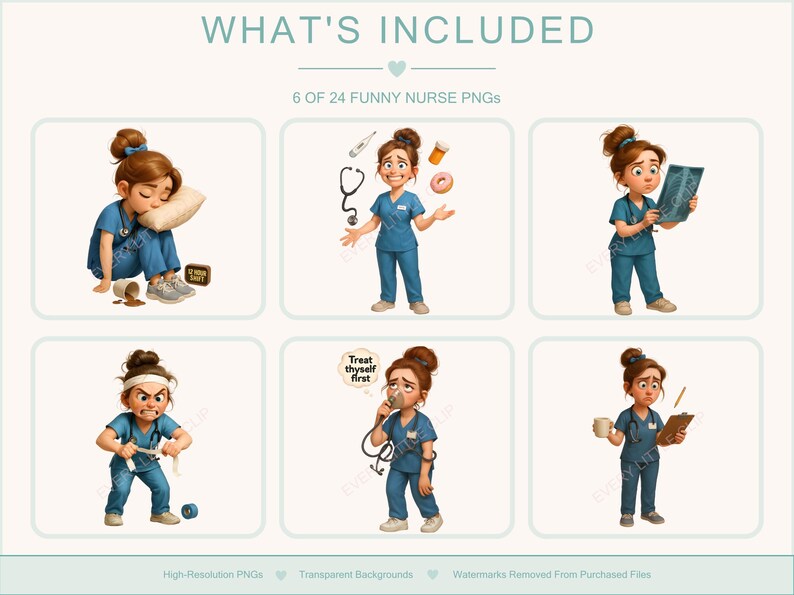 Nurse illustrations from the set, showing cute and humorous medical staff characters. Great for DIY printables, nurse appreciation gifts, planners, or greeting cards.