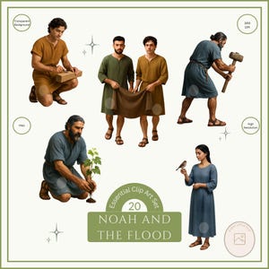 Puede incluir: Un conjunto de imágenes prediseñadas digitales titulado "Noé y el Diluvio" con ilustraciones de personas con vestimenta bíblica. El conjunto incluye figuras trabajando con herramientas, sosteniendo un pájaro y plantando un árbol. El conjunto tiene un fondo transparente y es de alta resolución.