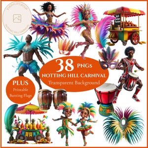 May include: A digital graphic set featuring illustrations of the Notting Hill Carnival. The set includes dancers in vibrant costumes, a food cart, drums, and decorative elements. The text reads "38 PNGs" and "Printable Bunting Flags".