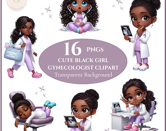 Cute Black Girl Gynecologist Clipart Set: Funny OBGYN Doctor PNGs, Medical Characters, Doctor Clipart, African American Doctor