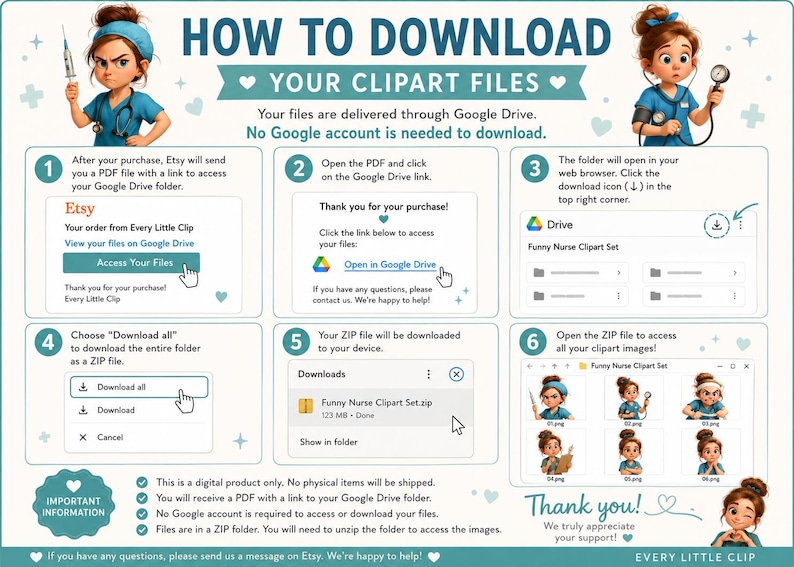 Helpful info on how to download your digital planner clipart files, plus customer support contact in case you need help accessing your quirky budget girl PNGs.