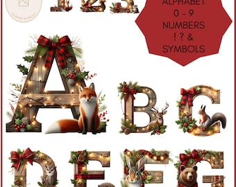 Christmas Alphabet Clipart PNG, Rustic Farmhouse Letters, Woodland Animal Alphabet, Holiday Numbers & Symbols, Digital Download, Printable