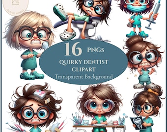 Ensemble de cliparts dentiste drôle - personnages dentaires originaux, dentiste PNG, clipart dent, clipart dentiste mignon pour autocollants, cartes, scrapbooking