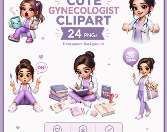 Cute Gynecologist Clipart Set: Funny OBGYN Doctor PNGs, Medical Characters, Doctor Clipart, Girl Doctor Clipart for Stickers, Cards and more