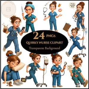 Funny Nurse Clipart Set – Quirky Medical Characters, RN Clipart, Cute