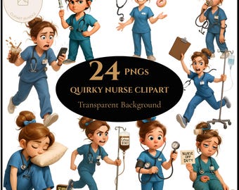 Ensemble de cliparts drôle d'infirmière - personnages médicaux originaux, clipart RN, illustrations d'infirmière mignonne pour autocollants, cartes, scrapbooking