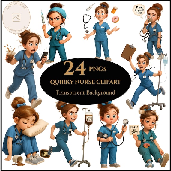 Funny Nurse Clipart Set – Quirky Medical Characters, RN Clipart, Cute Nurse Illustrations for Stickers, Cards, Scrapbooking