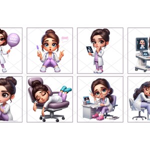 OBGYN doctor clipart with female medical characters in a cute, cartoon style. High-resolution PNGs ideal for digital projects, invitations, and crafts.