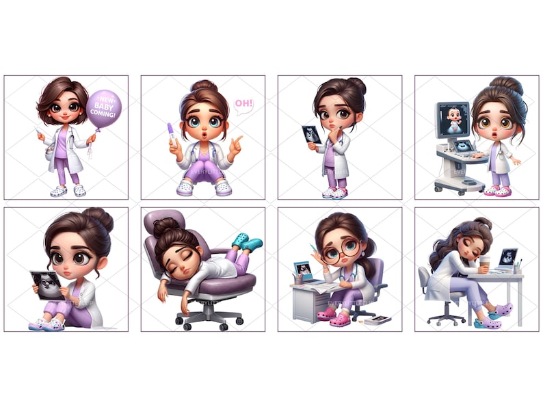 OBGYN doctor clipart with female medical characters in a cute, cartoon style. High-resolution PNGs ideal for digital projects, invitations, and crafts.