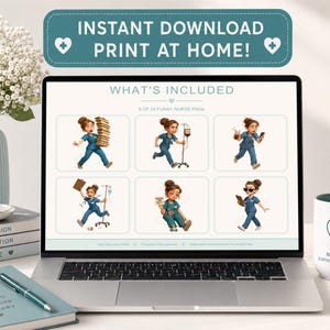 Mockup of a laptop screen displaying the full nurse clipart bundle, showcasing how the images can be used in digital projects, websites, or social media.