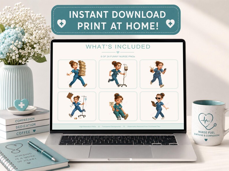 Mockup of a laptop screen displaying the full nurse clipart bundle, showcasing how the images can be used in digital projects, websites, or social media.