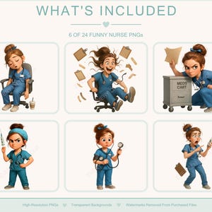 Nurse illustrations from the set, showing cute and humorous medical staff characters. Great for DIY printables, nurse appreciation gifts, planners, or greeting cards.
