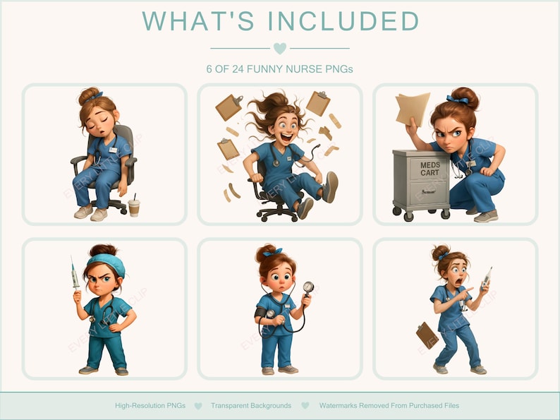 Nurse illustrations from the set, showing cute and humorous medical staff characters. Great for DIY printables, nurse appreciation gifts, planners, or greeting cards.