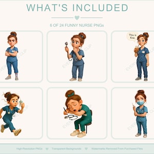 Nurse illustrations from the set, showing cute and humorous medical staff characters. Great for DIY printables, nurse appreciation gifts, planners, or greeting cards.