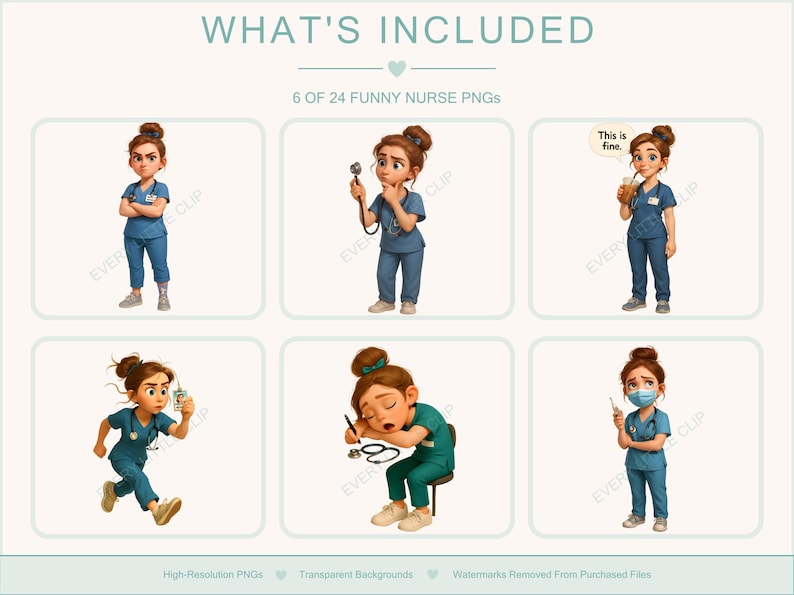 Nurse illustrations from the set, showing cute and humorous medical staff characters. Great for DIY printables, nurse appreciation gifts, planners, or greeting cards.