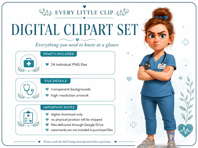 Funny Nurse Clipart Set – Quirky Medical Characters, RN Clipart, Cute Nurse Illustrations for Stickers, Cards, Scrapbooking image 8