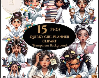 Quirky Planner Girl Clipart Bundle: Funny Exhausted Girl PNGs, Cute Pajama Planner Stickers, Cartoon Study Chaos Clip Art, Digital Download