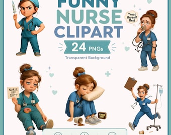 Funny Nurse Clipart Set – Quirky Medical Characters, RN Clipart, Cute Nurse Illustrations for Stickers, Cards, Scrapbooking