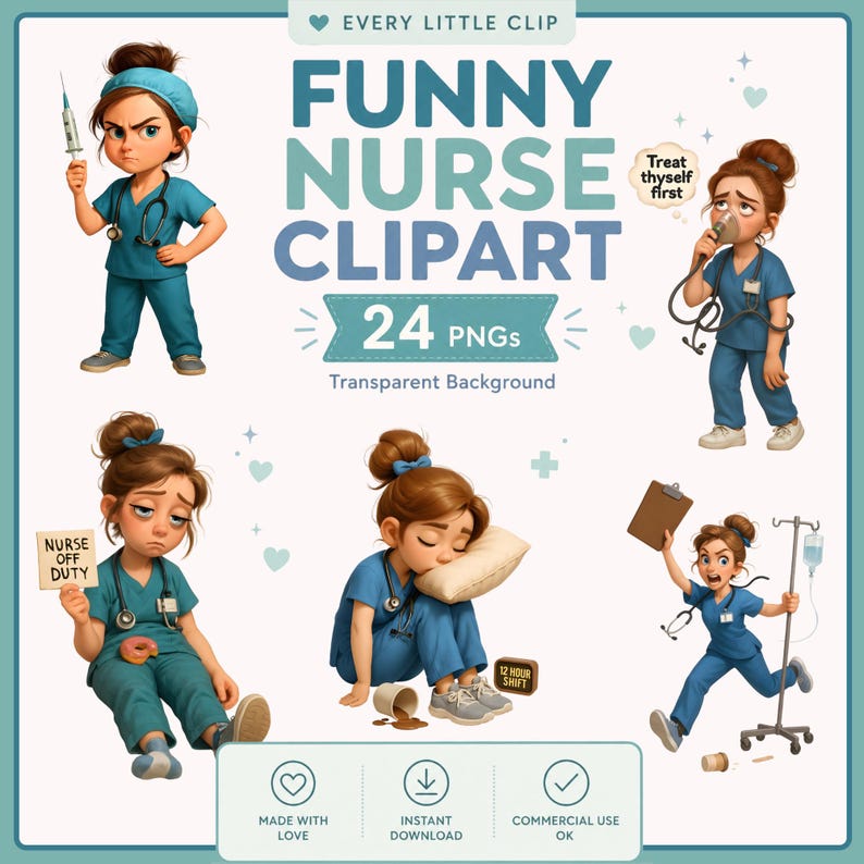 A collection of 24 funny nurse clipart images featuring quirky medical characters in various poses. High-resolution PNGs with transparent backgrounds, ideal for nurse-themed stickers, cards, crafts, and scrapbooking.