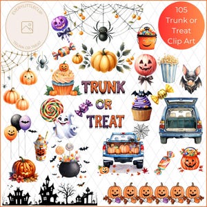 Trunk Or Treat Clipart | Trick Or Treat | Halloween Clipart including cute PNGs for treat bag toppers | Trunk or Treat PNG | Commercial Use