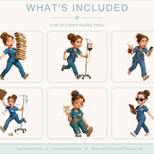 Nurse illustrations from the set, showing cute and humorous medical staff characters. Great for DIY printables, nurse appreciation gifts, planners, or greeting cards.