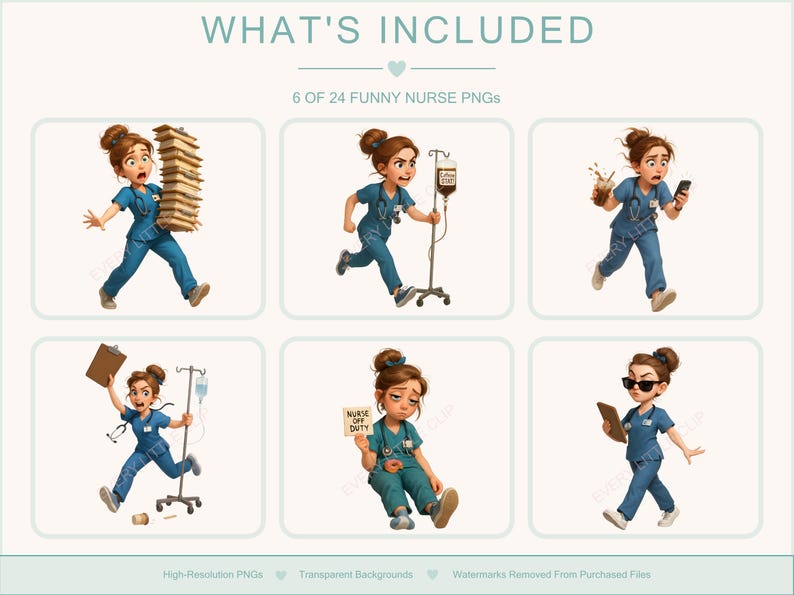 Nurse illustrations from the set, showing cute and humorous medical staff characters. Great for DIY printables, nurse appreciation gifts, planners, or greeting cards.