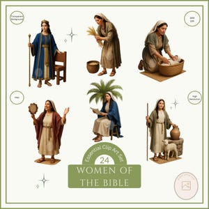 May include: A digital clip art set titled "Essential Clip Art Set 24 Women of the Bible." The image features illustrations of women in biblical settings, including a woman with a crown, one holding wheat, and another with a baby.