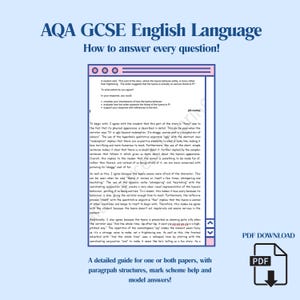 Könnte beinhalten: Ein digitales Dokument mit dem Titel AQA GCSE English Language How to answer every question! mit einer Beispiel-Aufsatzantwort über eine Hyäne, einem PDF-Download-Symbol und dem Text A detailed guide for one or both papers.