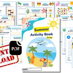 Peut inclure: Un cahier d'activités d'été coloré pour enfants, avec divers jeux et énigmes éducatifs. La couverture présente une scène de plage avec des palmiers, un soleil et le texte "Summer Activity Book for kids". Comprend un tampon "Téléchargement instantané".