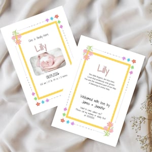 Bewerkbare bloemen geboortekaartje babymeisje – canvassjabloon met roze en gele bloemen met gedicht en foto – eenvoudig aan te passen