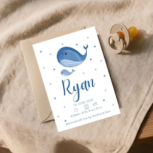 Tarjeta de anuncio de nacimiento de bebé niño con diseño de ballena azul (tamaño para decoración de pared, doblada o imprimible a doble cara) - Recuerdo de la llegada del recién nacido