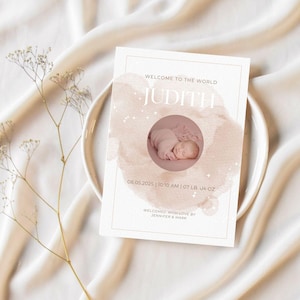 Anuncio de nacimiento en acuarela para niña – Tarjeta digital editable con foto – Plantilla minimalista beige de bienvenida para recién nacida
