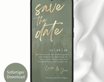 Save the Date Hochzeit – digitale Canva Vorlage grüner Stil | personalisierbare Einladung zum Selbergestalten | Sofort-Download & WhatsApp