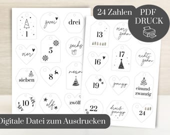 Printable Advent calendar numbers, number 1-24 Christmas calendar PDF, DIY craft template Advent calendar numbers download, Christmas numbers