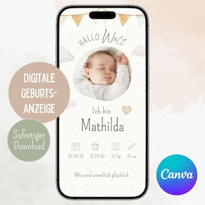 Anuncio de nacimiento digital, anuncio de nacimiento, plantilla de tarjeta de nacimiento Canva personalizable, WhatsApp e impresión, anuncio de nacimiento digital