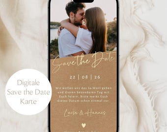 Digitale Save the Date met foto in Boho-stijl, Canva-sjabloon voor bruiloft | Aanpasbare digitale uitnodiging | Versturen via WhatsApp