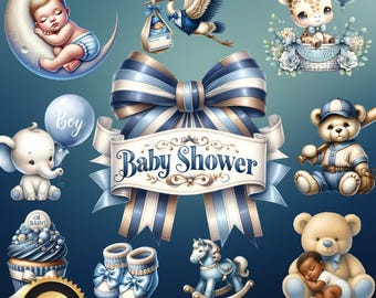 Könnte beinhalten: Digitale Kunstsammlung mit Babyparty-Grafiken in Blau-, Beige- und Weißtönen. Das Bild zeigt ein schlafendes Baby auf einem Mond, einen Storch, der ein Baby trägt, und eine große Schleife mit der Aufschrift "Baby Shower".