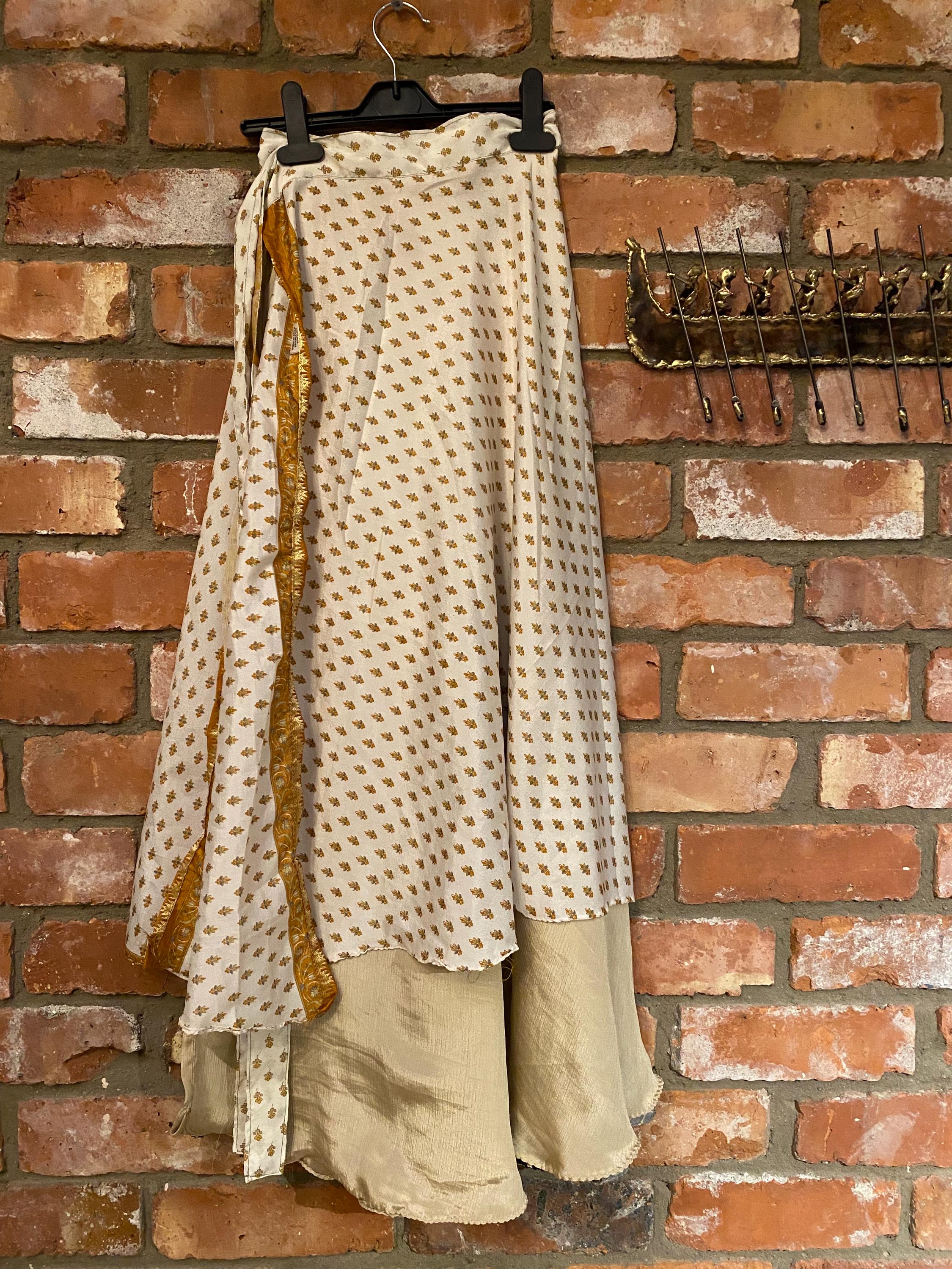 Silk, repurposed, reversible, wrap skirt in beige gold