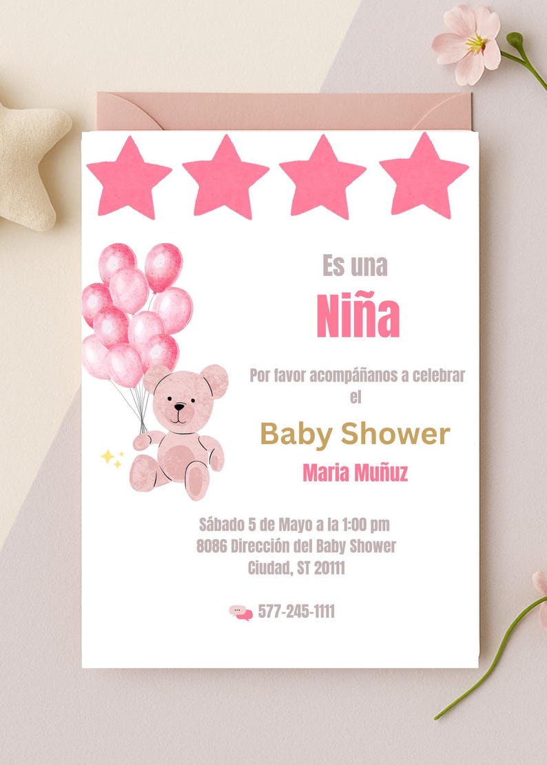 Invitación Baby Shower Osita Rosa - Editable En Canva - Invitación ...