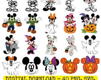 Mickey & Minnie in Halloween Party Costume PNG Design Bundle, 40 Disney Halloween Cliparts, Custom Disney Designs for Sublimation