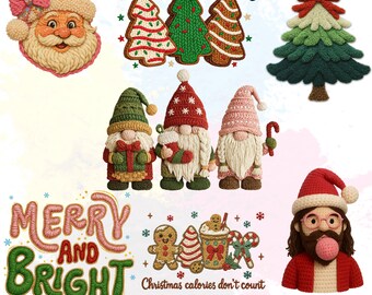 Paquete de diseños PNG de hilo sintético navideño, PNG de árbol de Navidad de Papá Noel, hecho de lana para tejer