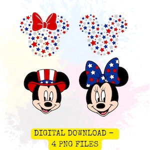 Peut inclure: Quatre fichiers PNG numériques avec des motifs de Mickey et Minnie Mouse. Deux motifs sont des têtes de Mickey Mouse remplies d'étoiles rouges, blanches et bleues. Les deux autres motifs sont des visages de Mickey et Minnie Mouse avec des chapeaux et des nœuds patriotiques.