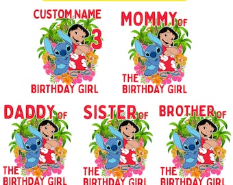 Benutzerdefinierte Lilo und Stitch Geburtstagskind PNG Design Bundle bearbeitbar mit Canva für Familien Geburtstag Tshirt, Lilo Stitch Geburtstag passende Familie