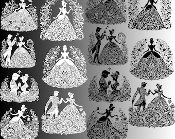 Cinderella PNG SVG Bundle for Trip and Birthday, Disney Princess Black and White Design SVG, Magic Kingdom Sublimation Png