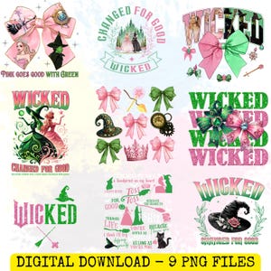 May include: A digital download graphic set featuring various designs with a "Wicked" theme. The set includes bows, witch hats, and text elements in pink and green. The phrase "Pink Goes Good With Green" is also present.