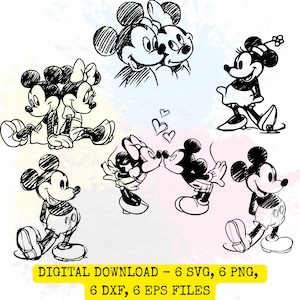 Puede incluir: Descarga digital en blanco y negro con bocetos de Mickey y Minnie Mouse en varias poses. La imagen incluye el texto: "DIGITAL DOWNLOAD - 6 SVG, 6 PNG, 6 DXF, 6 EPS FILES."
